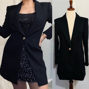 Zara Women Elegant Black Gold Button‎ Long Shoulder Pads Lapel Collar Blazer M